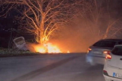 Bursa'da kontrolden çıkan otomobil önce ağaca çarptı sonra alev aldı