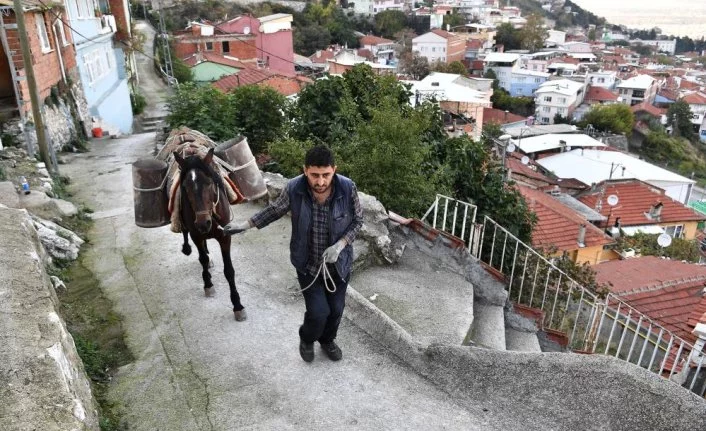 Belediye atla malzeme taşıyıp yol yapıyor
